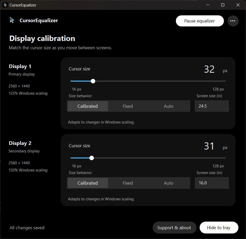 CursorEqualizer calibration window with a cursor-size slider for each display.