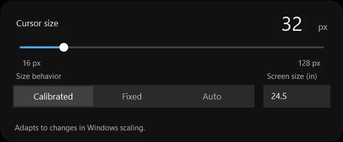 A closer look at the cursor-size slider and Calibrated, Fixed and Auto mode controls.